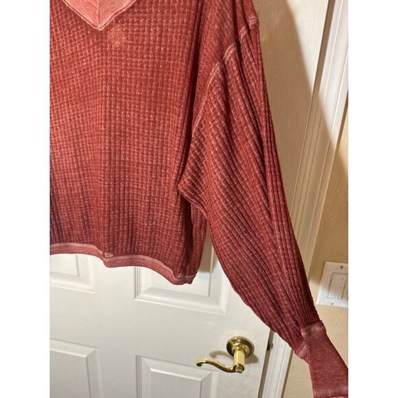 We The Free‎ Waffle Knit Top Woman XS Sweater Long Sleeve Burnt Orange V Neck - Picture 2 of 11